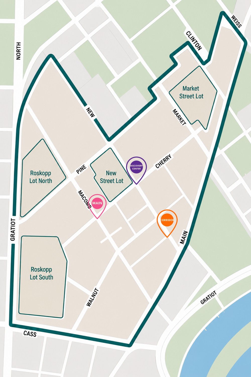 Map of festival stage locations and parking lots in downtown Mount Clemens